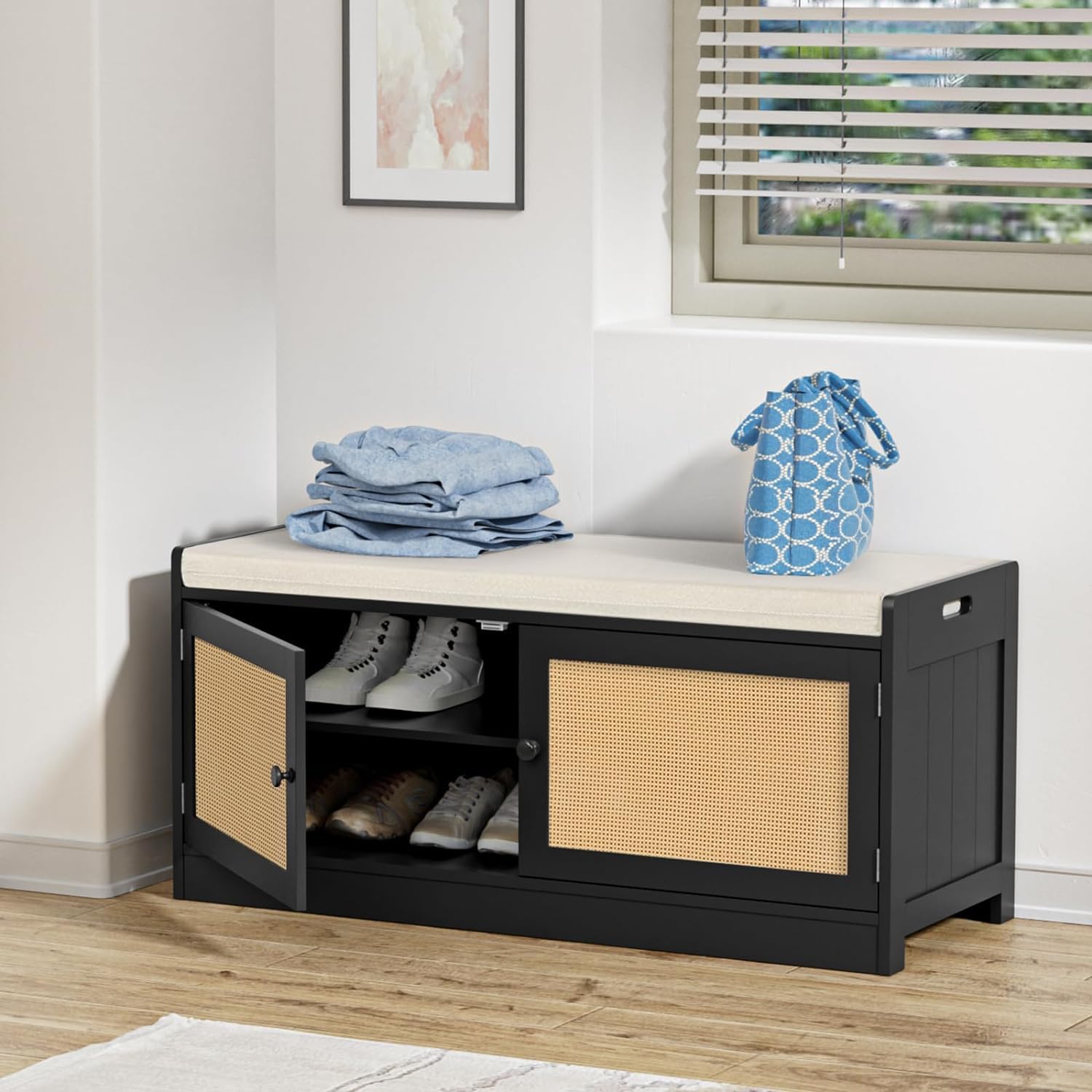 Yvsevnr Rattan Shoe Storage Bench with Seat Cushion Organiser Wooden Shoe Rack with Adjustable Shelves, 2 Doors, 2-Tier, for Hallway, Bedroom