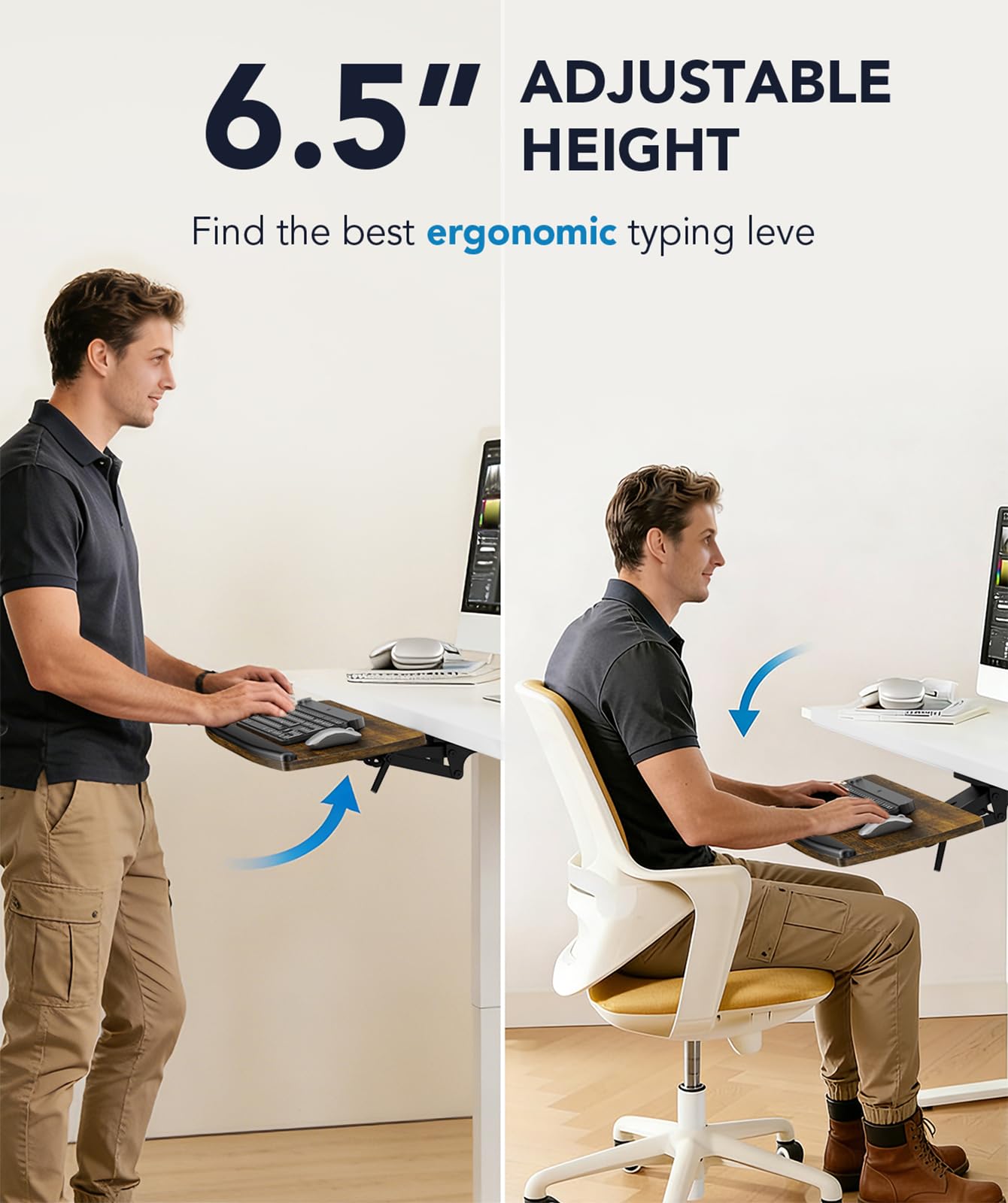 AX WABER Keyboard Tray Under Desk with Storage Drawer, Height Adjustable Keyboard Tray Slide Out 360° Swivel Tilt