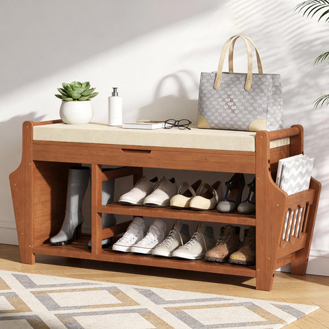39.4in Shoe Bench with 2 Holder, 3 Tier Bamboo Entryway Bench with Storage