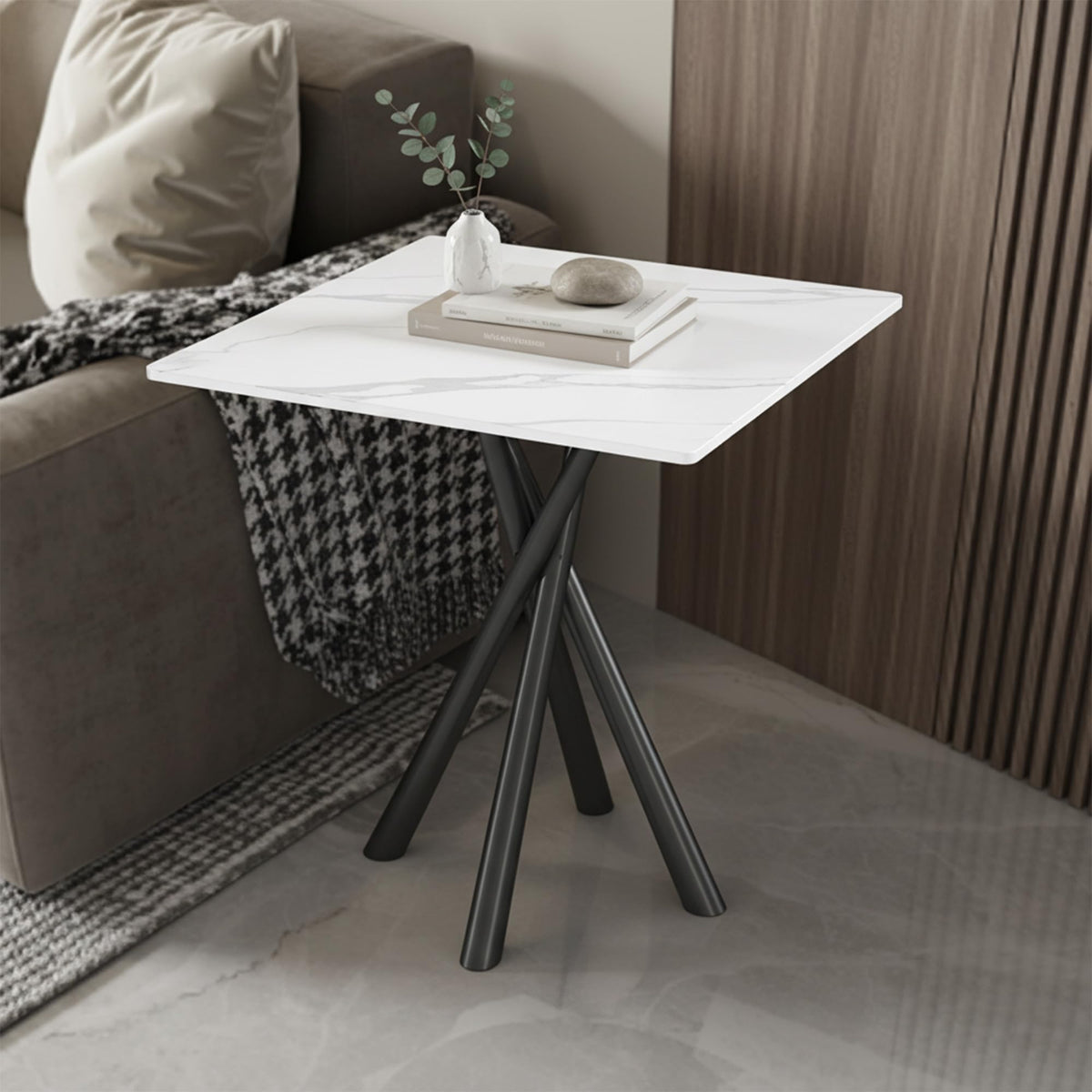 IMHKAM Side Table, White Small Stone Marble Coffee Table Living Room Bedside Table with Black Metal Legs Sofa Bedroom Office Table, 50x50x55cm