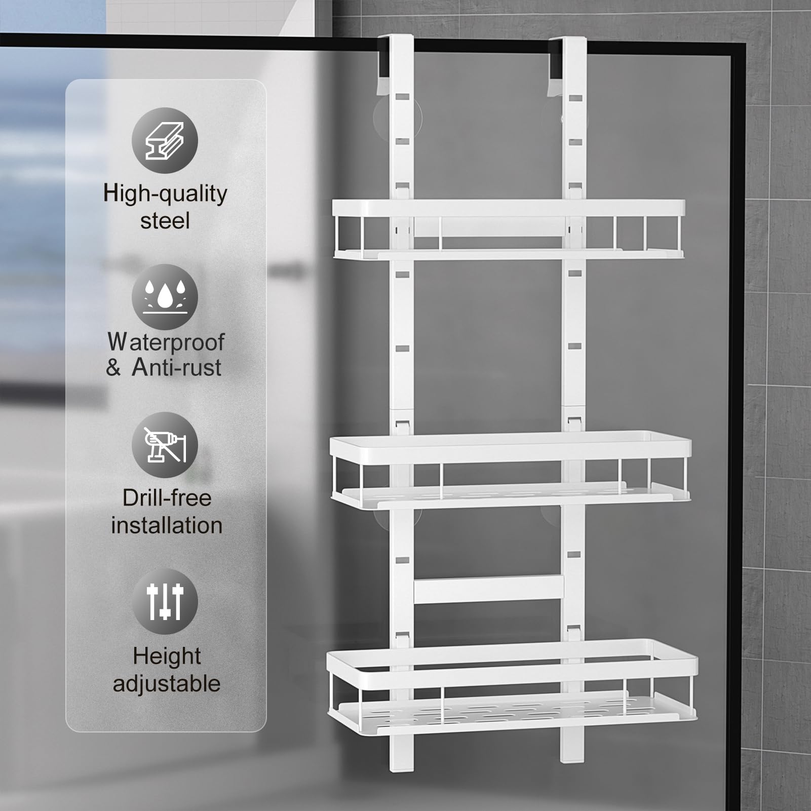Diwoker Shower Caddy Hanging, Over Door Bathroom Storage White, 3-Tier