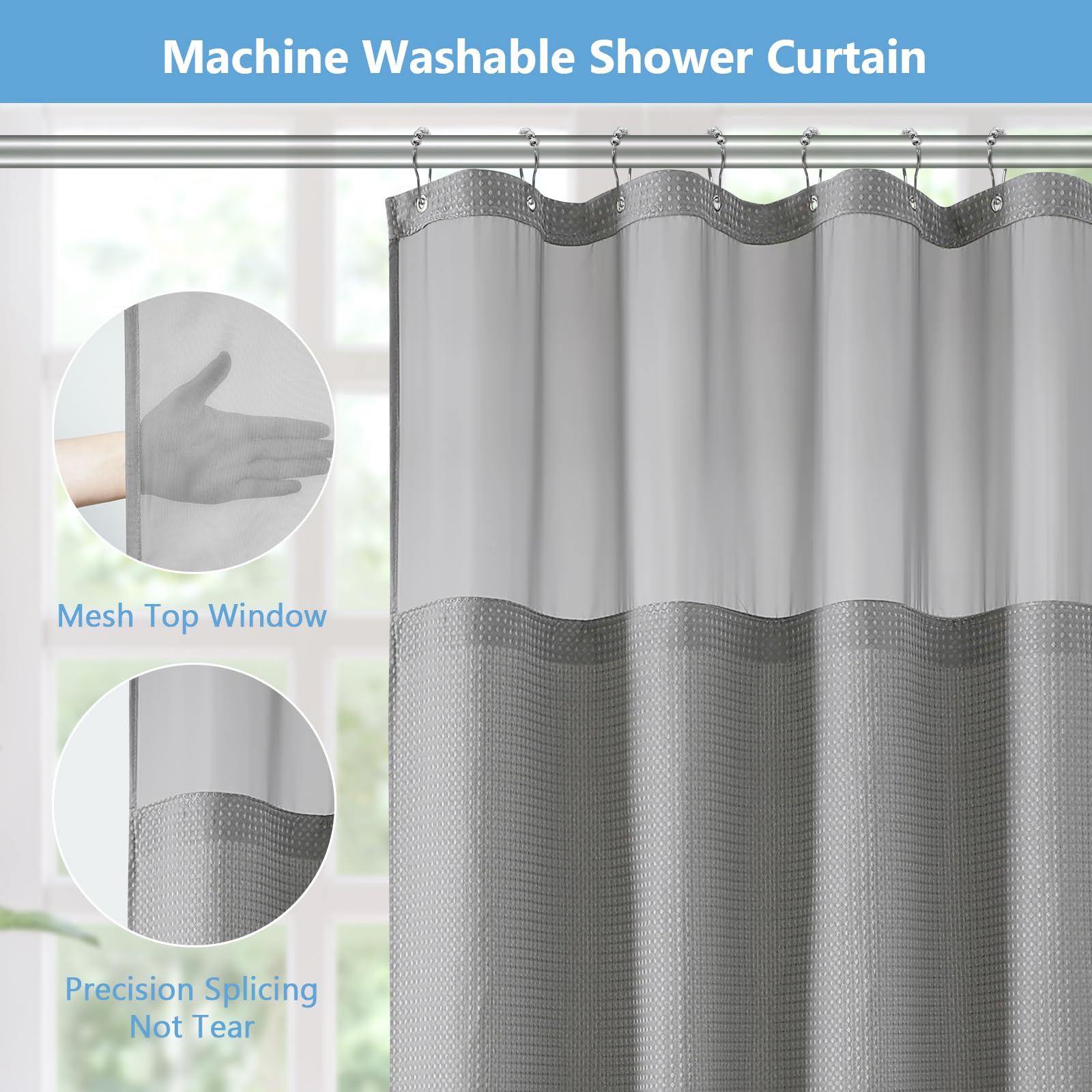 FY&XZH Waffle Shower Curtain with Hooks, Heavy Waterproof Fabric Shower Curtain with TPU Coated Back, 72"x72" Hotel Style with Mesh Window