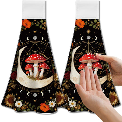 CUTHOLLOW 2 Pcs Mysterious Moon and Mushroom Hanging Kitchen Towels with Loop