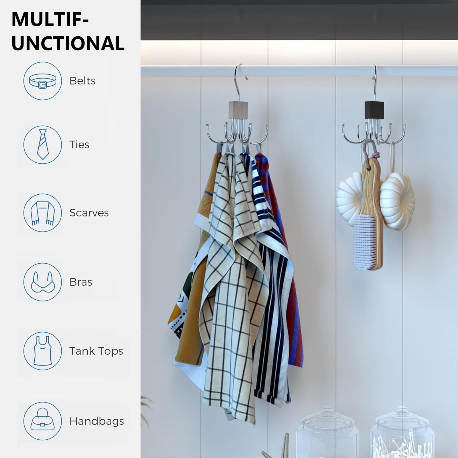 Belt Hanger Tie Rack, 2 Pcs Closet Hanger Organizer 360° Rotatable Metal Belt Holder for Closet Accessories Organizer and Storage
