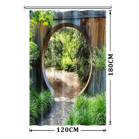 Xiaoterna Japanese Garden Shower Curtain 3D Spring Forest Nature Scenery Bathroom Curtain Circle Rustic Wooden Doorway Gate Green Plant Sunshine