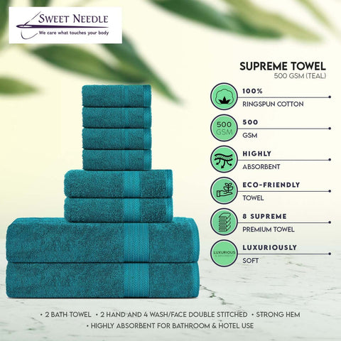 SweetNeedle Supreme Premium 500 GSM 8 Piece Towel Set, 100% Cotton, Machine Wash, Double Stitched, Strong Hem & Highly Absorbent for Bathroom