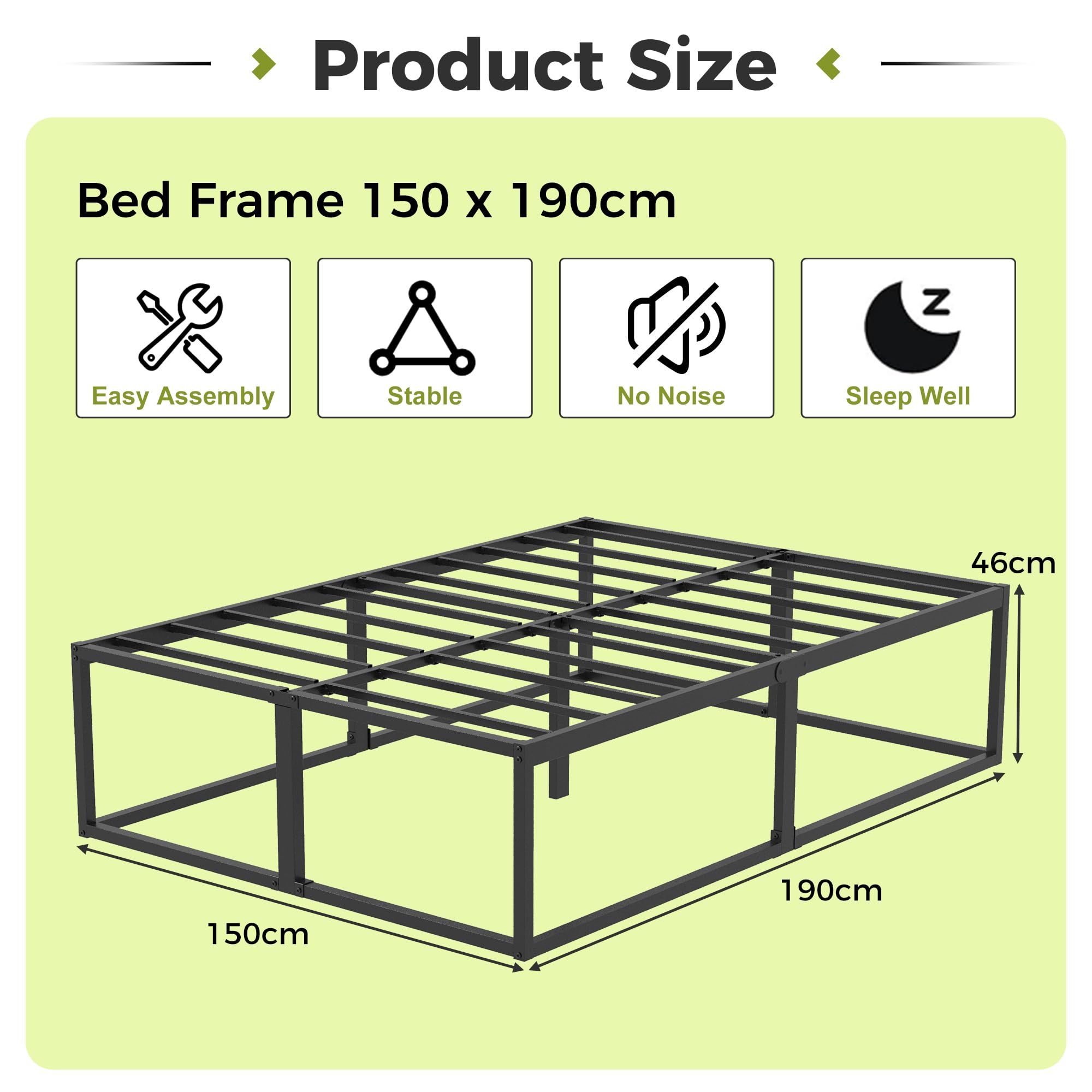 EMODA 46 cm High Metal Bed Frame 150x190 cm, Black