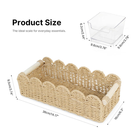 Storage Basket for Toilet Tank Top Scalloped Edge Woven Paper Rope Wicker Bin with Wooden Handles Cute Decorative Organizer Tray for Counter Shelf &