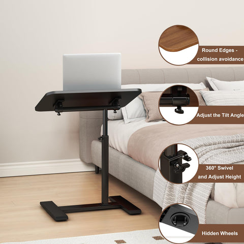Adjustable Height C Shaped Side Table,360°Swivel Overbed Table,Top Tilting Laptop Stand Tray Tables with Wheels,Mobile Couch End Tables that Slide