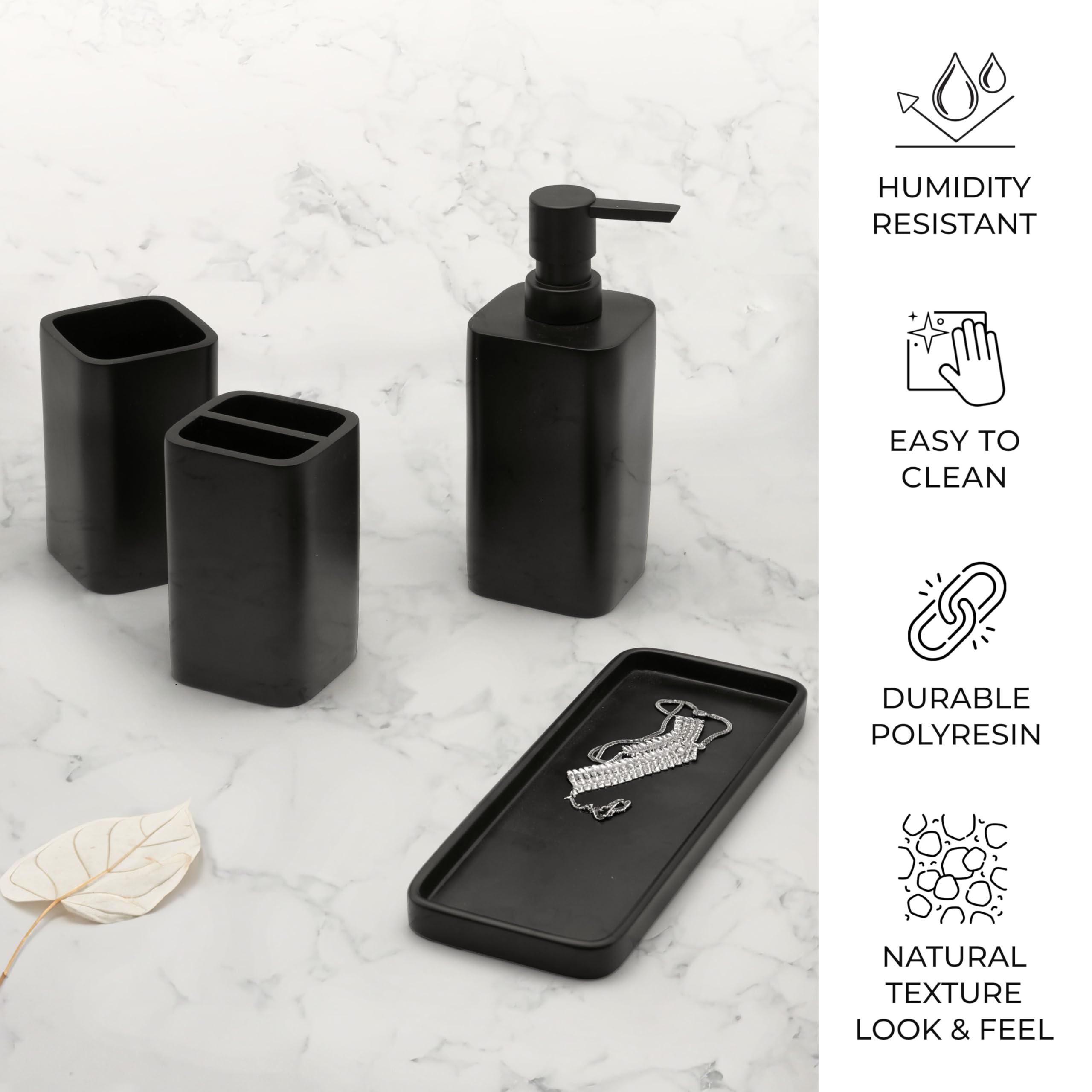 zccz Bathroom Accessory Set - 4 Piece Organiser with Toothbrush Holder, Soap Dispenser, Tumbler and Tray - Black Matte Accessories