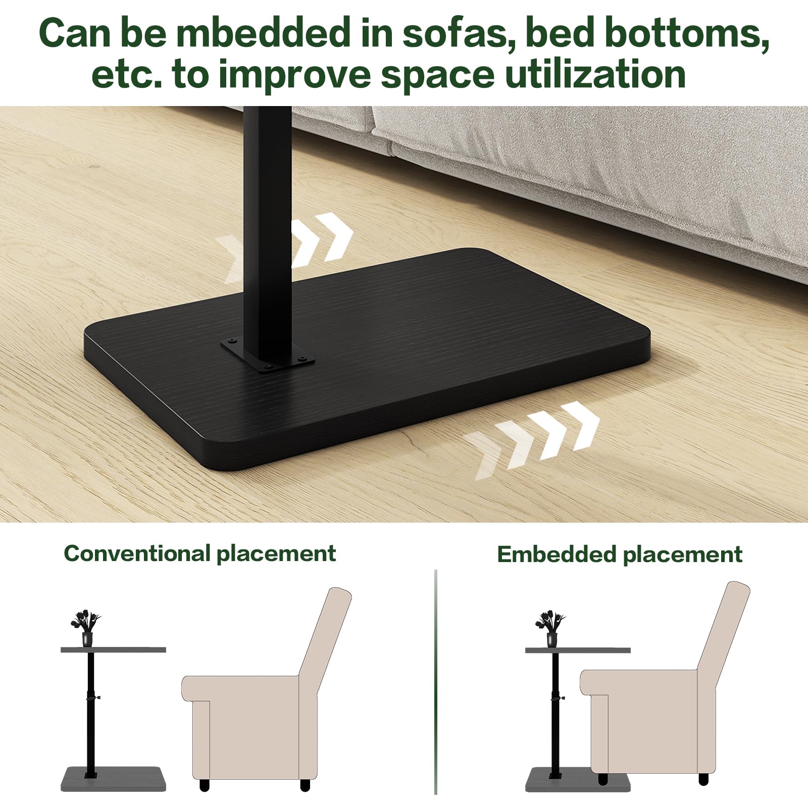 IBUYKE C Shaped Side Table,360° Swivel Height Adjustable,Black TVT003B