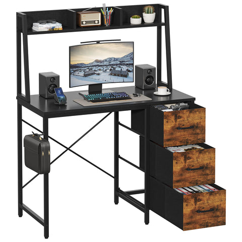 Feonase Industrial-Style Computer Desk with 3-Tier Wall-Mounted Shelf & 3 Fabric Drawers – MDF Desktop for Home Office, Study & Organization, Balck