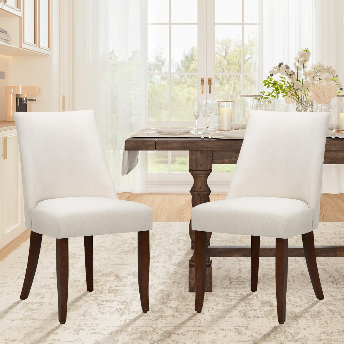 COLAMY Upholstered Dining Chairs Set of 2, Linen Fabric Parsons Dining Room Chairs with Curved Backrest, Solid Rubber Wood Legs