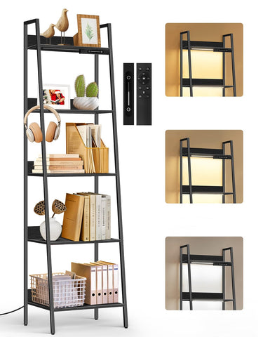 OUTONLIFE 5-Tier Small Ladder Shelf with LED Lights, Touch & Remote Control, 3 Color Temperatures, Dimmable Tall Corner Standing Bookcase