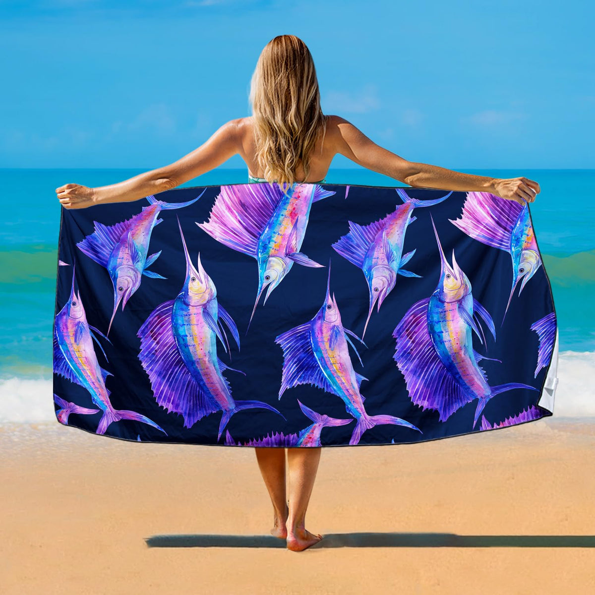 Violetpos Colorful Sailfish Print Beach Towel, Extra Large 180x90 cm 250GSM Microfibre, Sand Free Quick Dry
