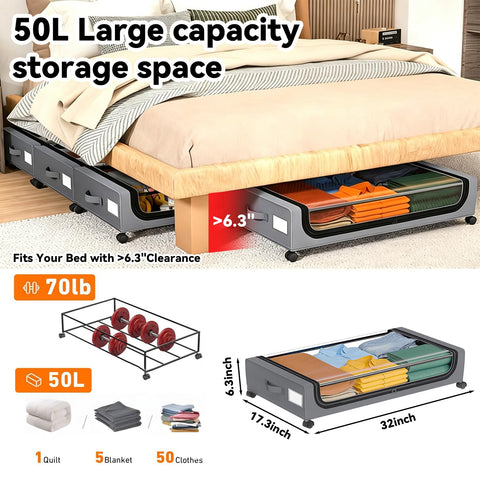 UTJEFVS 2 Pack Under Bed Storage With Wheels, 50L