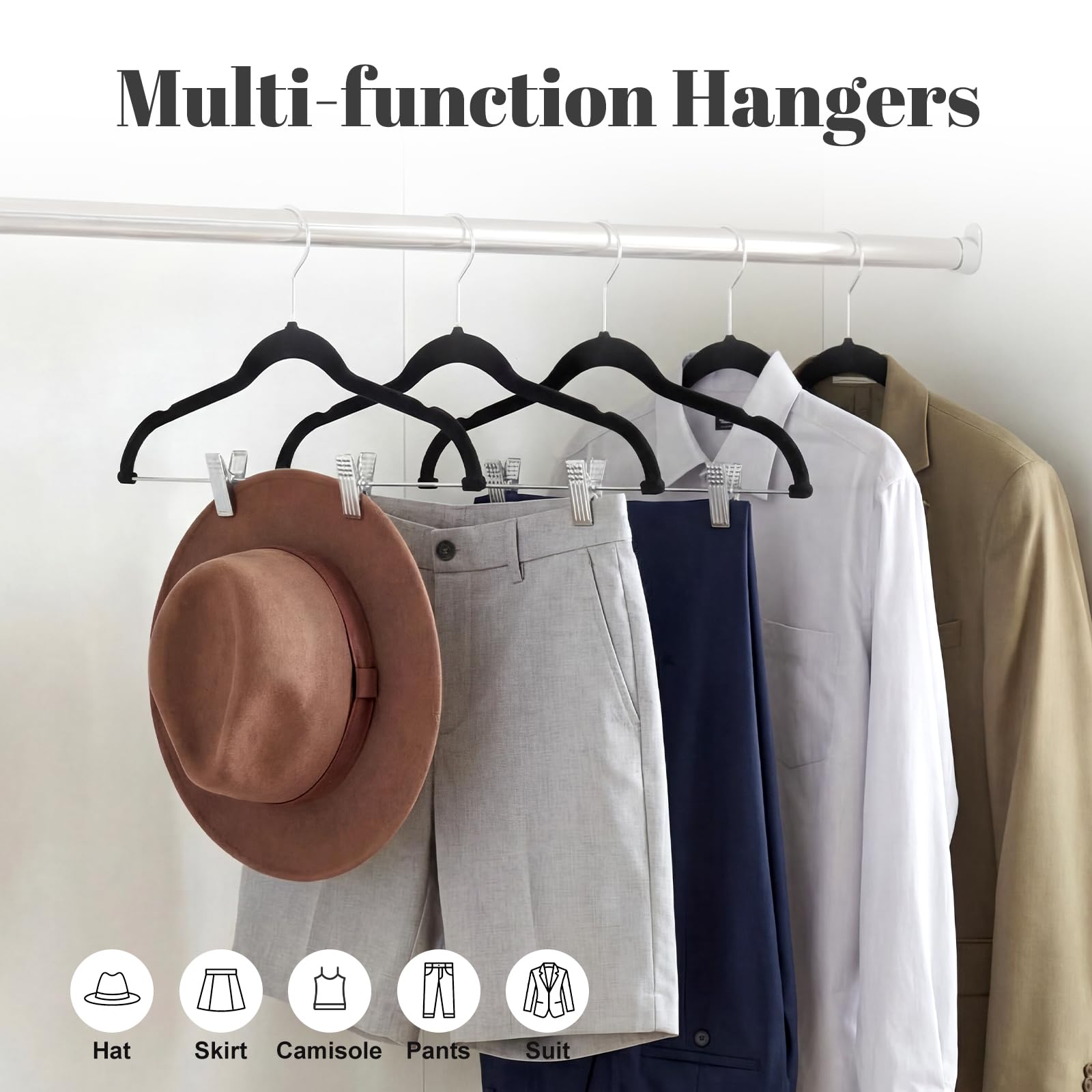 HOUSE DAY Velvet Skirt Hangers 24 Pack, Black Velvet Hangers with Adjustable Clips, Space Saving Slim Velvet Pant Hangers, Heavy Duty Shorts Hangers