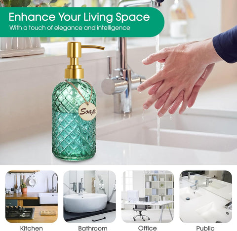 Bingobang Glass Soap Dispenser with Hand Gold Pump 470ml, Green
