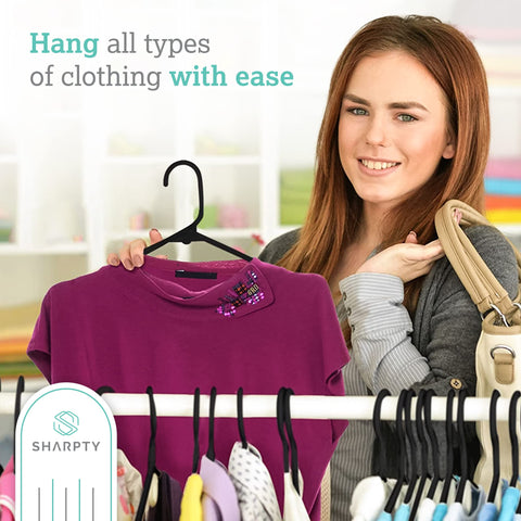 Sharpty Plastic Hangers, 35 Pack, Slim, Space Saving, Heavy Duty, Notched, Durable, Thick, Tough, Black