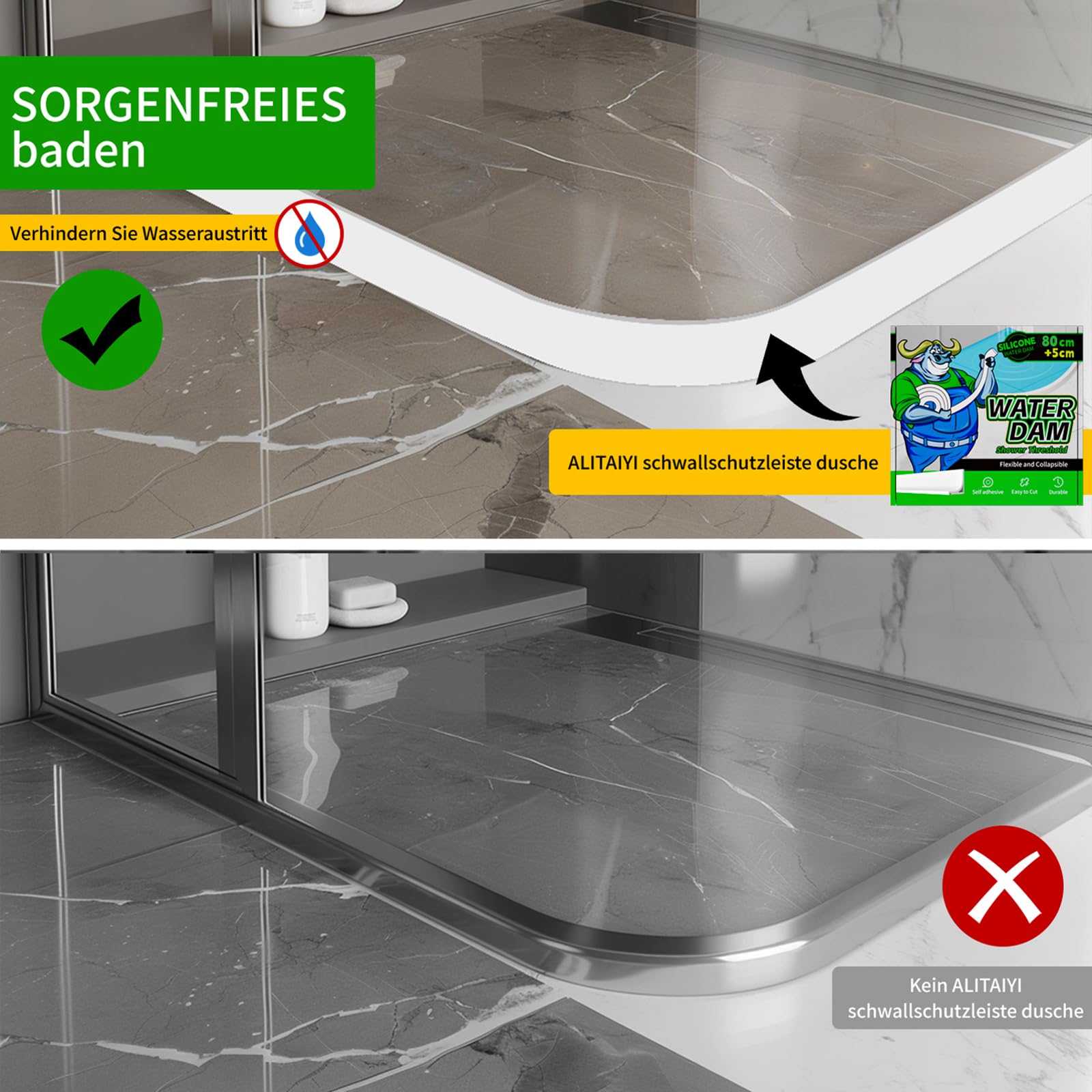 ALITAIYI Wet Room Floor Barrier, Shower Threshold, White, 85 cm