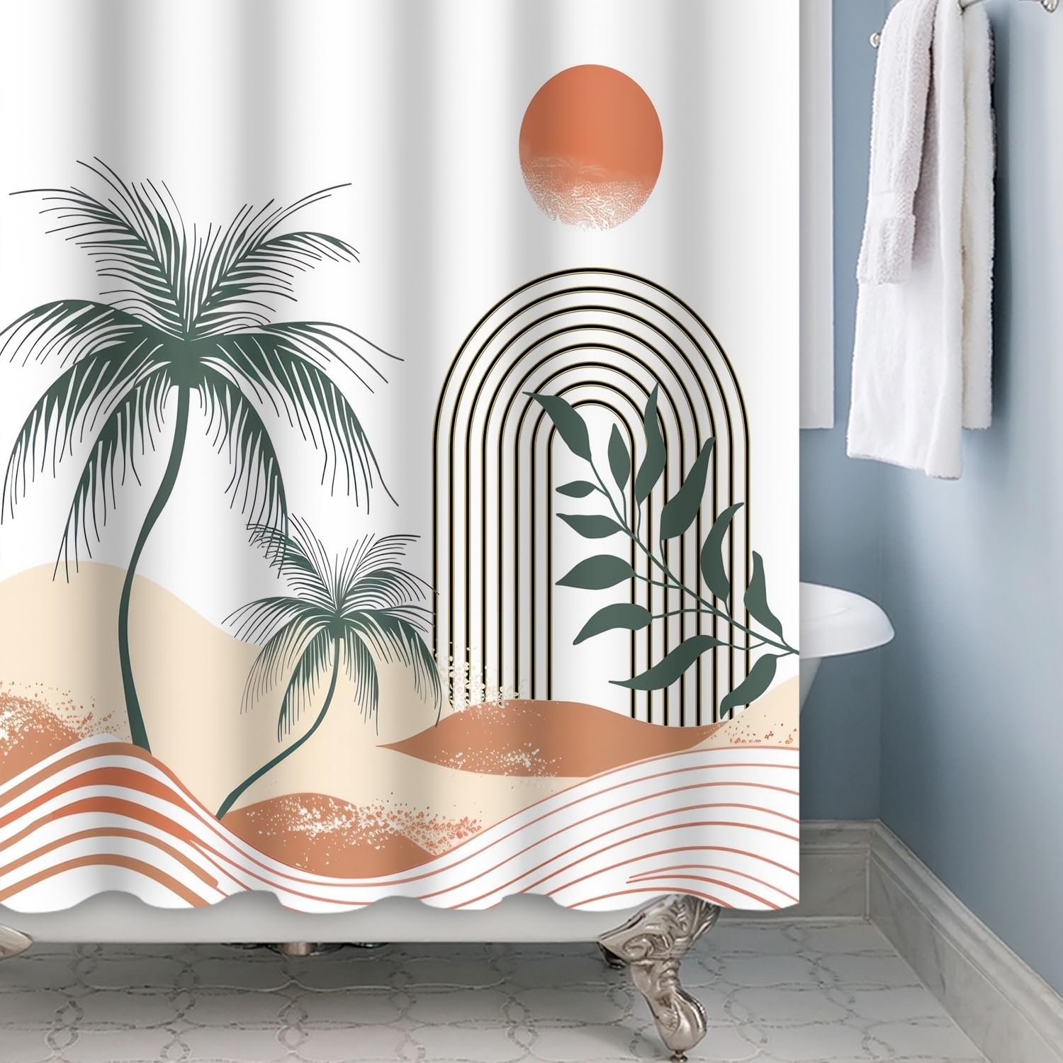 Xiaoterna Boho Sun Line Shower Curtain Palm Trees Summer Sand Beige Waterproof Bathroom Curtain Abstract Waves Green Leaves White Polyester Fabric