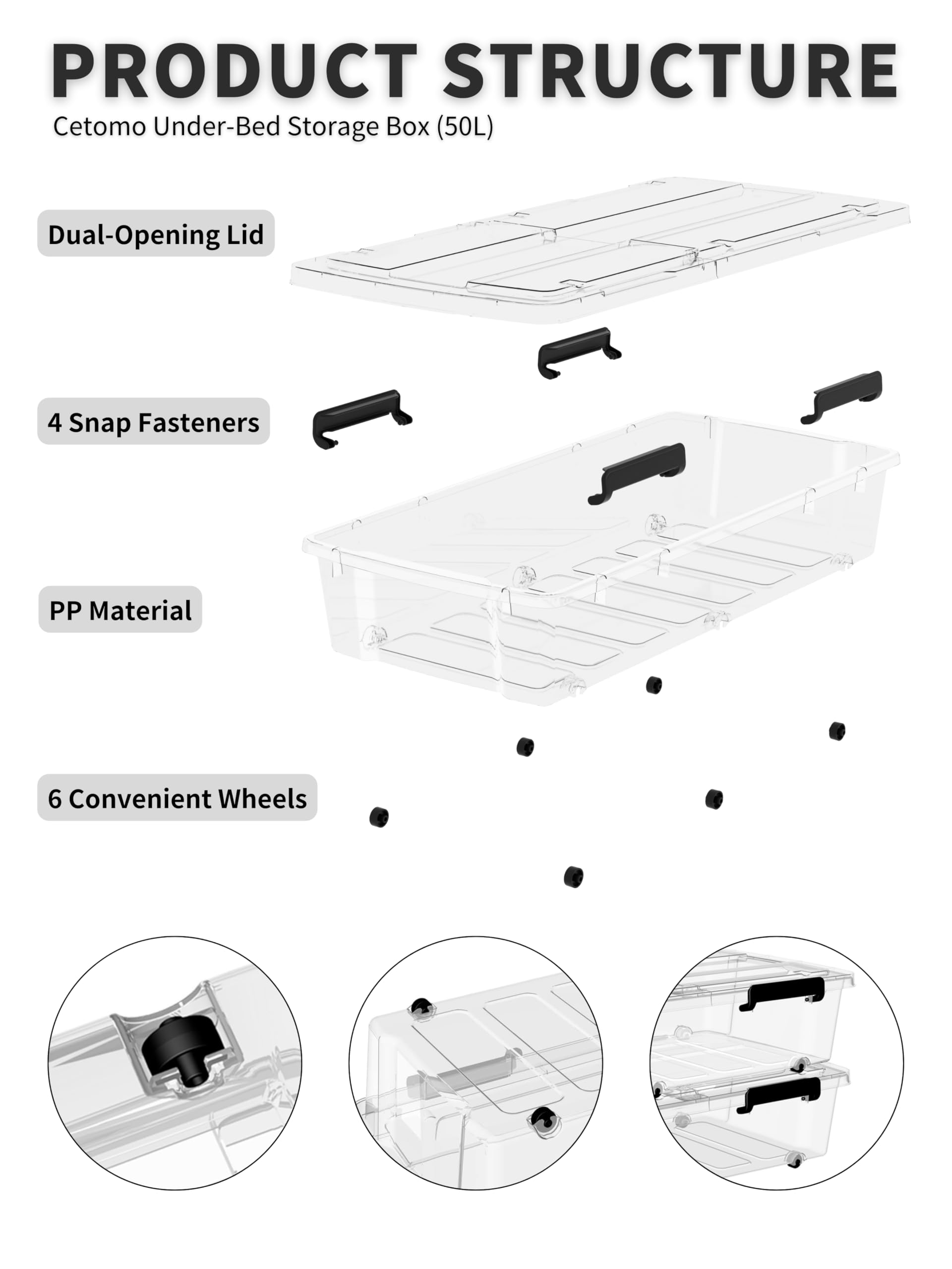 Cetomo 50L*4 Storage Boxes with Wheels, Under Bed Storage Container with Dual-Opening Lids, Durable Flat Organizing Box for Bedroom, Home, BPA-free