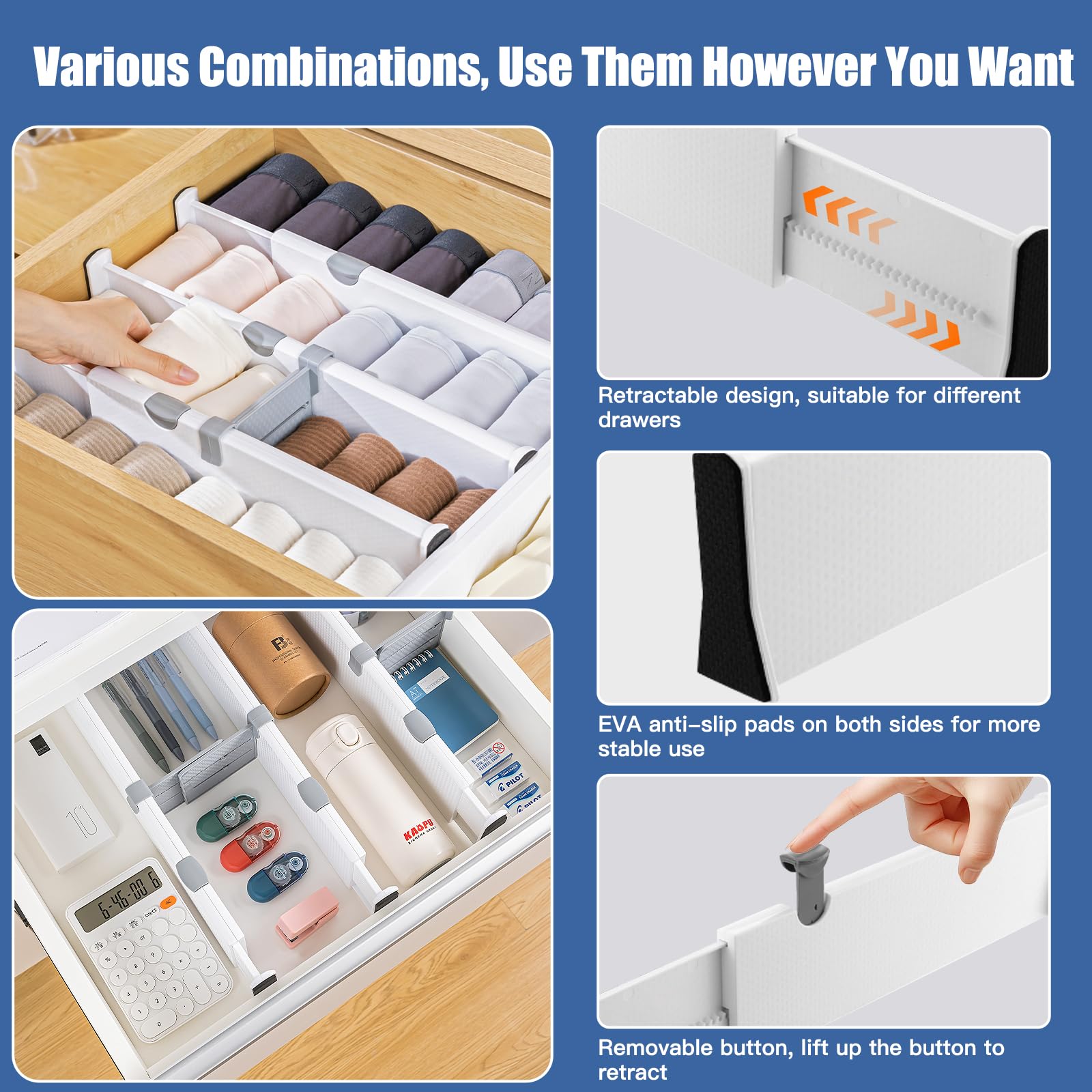 5 Pack Adjustable Drawer Dividers Set, High Expandable Drawer Organiser, Plastic Dresser Organizers, Deep Drawer Separators for Kitchen, Bedroom
