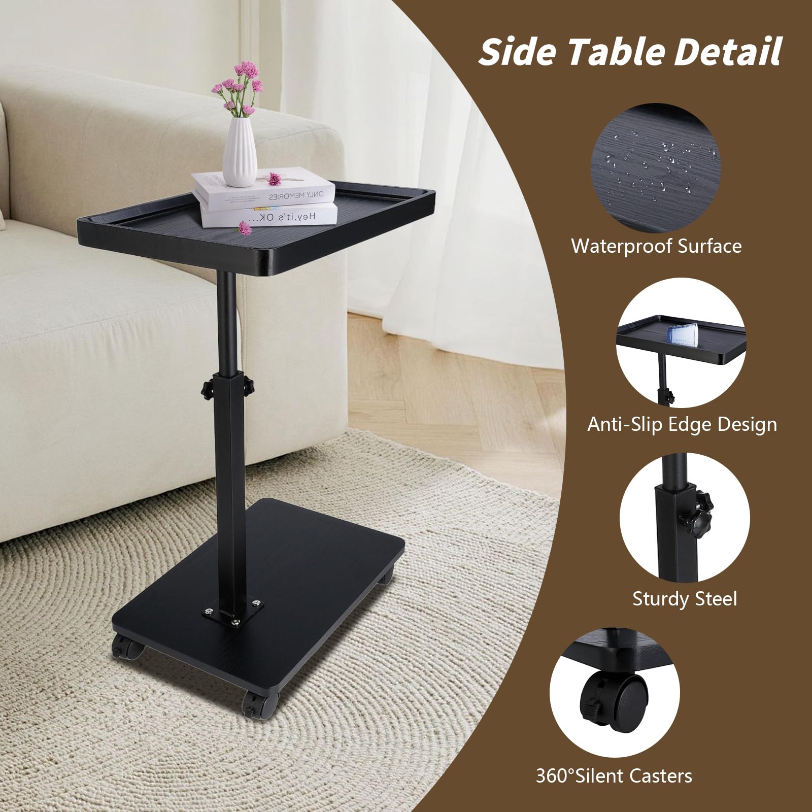 XUDREZ Adjustable Side Table, C Shaped Small Table with 4 Wheels 364° Swivel Tray, End Table for Living Room Bedroom Sofa Small Spaces (Black)