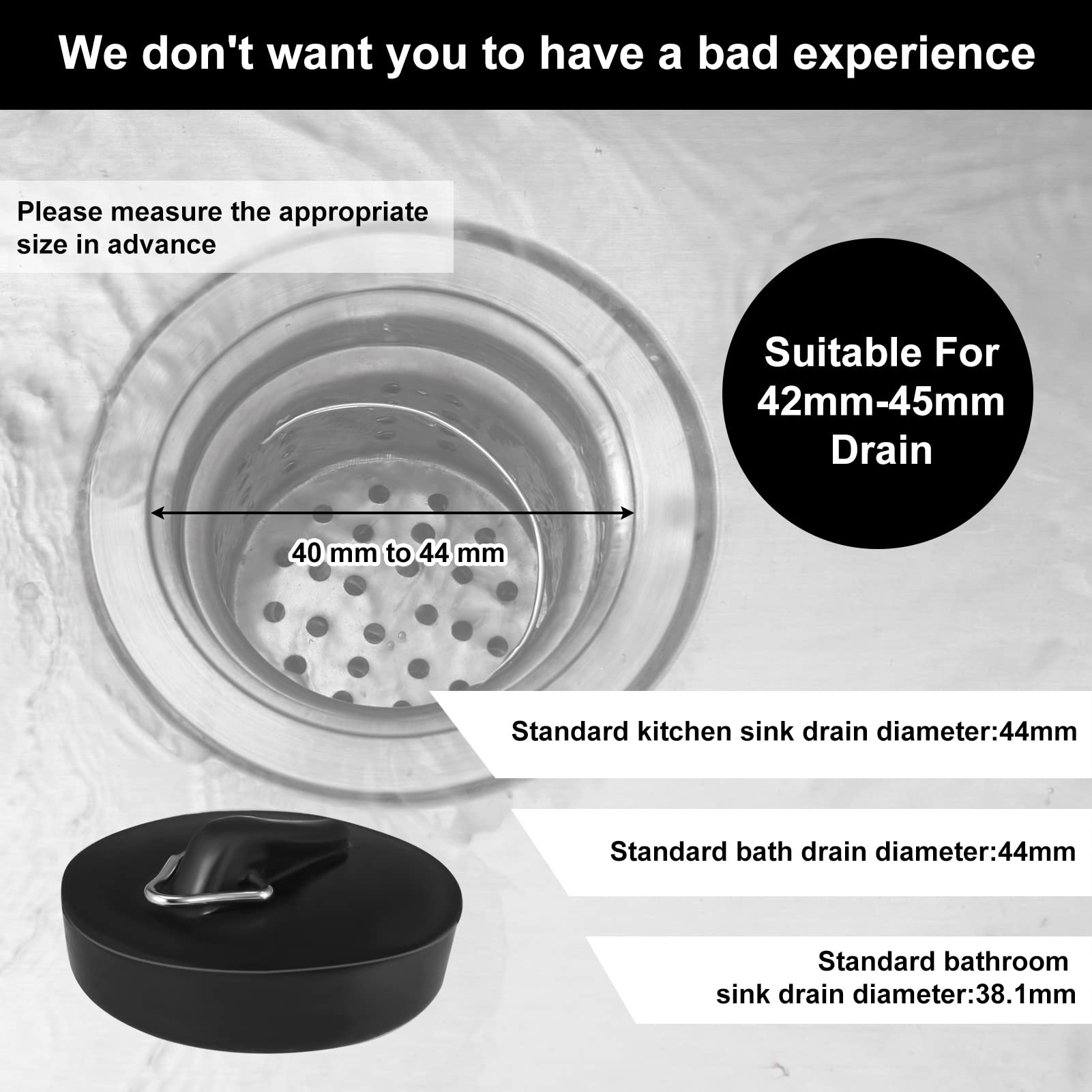 Fuyamp 2 Pcs Drain Stopper Sink Plug, Universal Bath Plug with Stainless Steel Chain and S-Shaped Hook,Drain Stopper For Bathtub Sink Bathroom