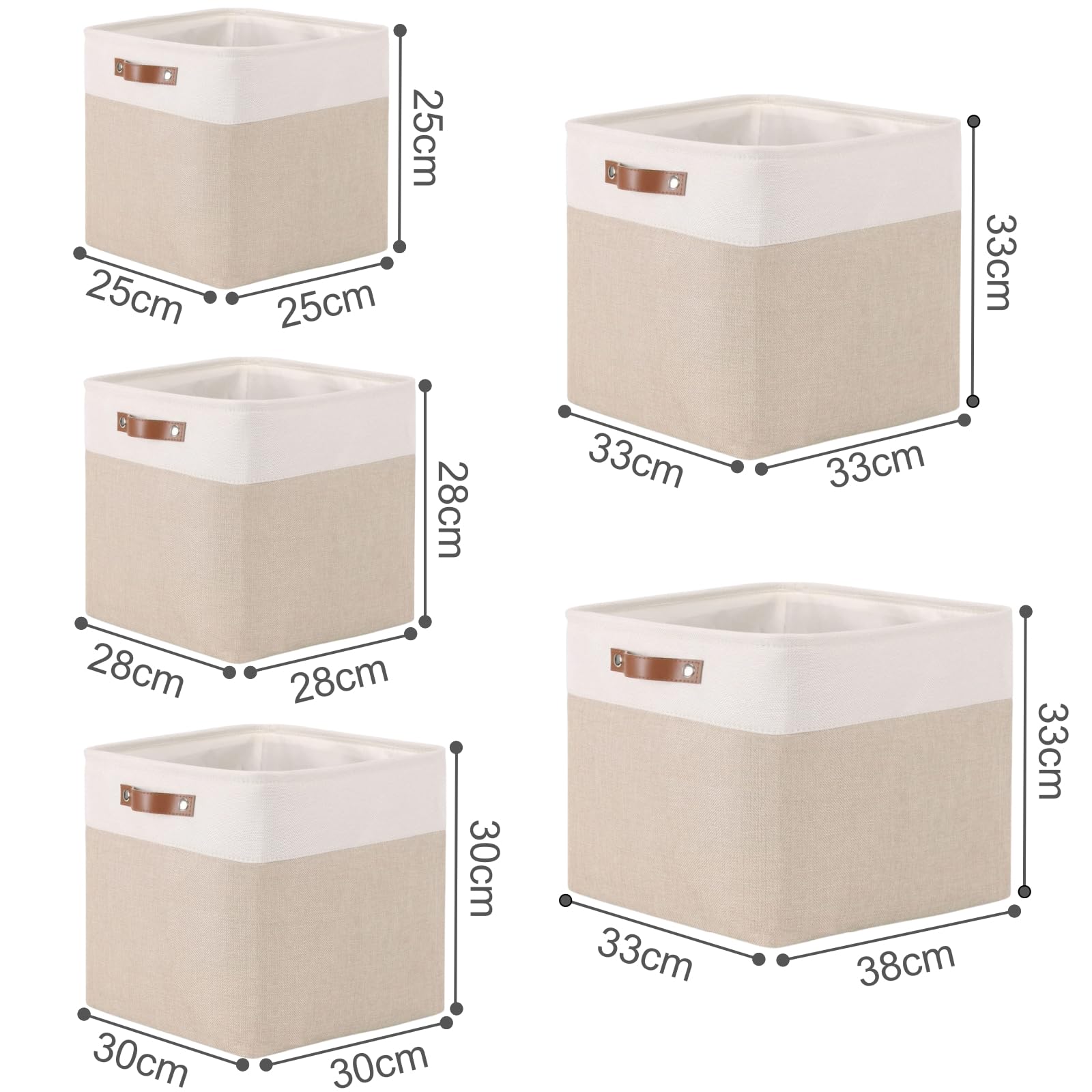 Mangata Collapsible Storage Cube Boxes, Linen Woven Fabric Storage Baskets, Cube Closet Organizer with Leather Handles (Light Khaki and White)