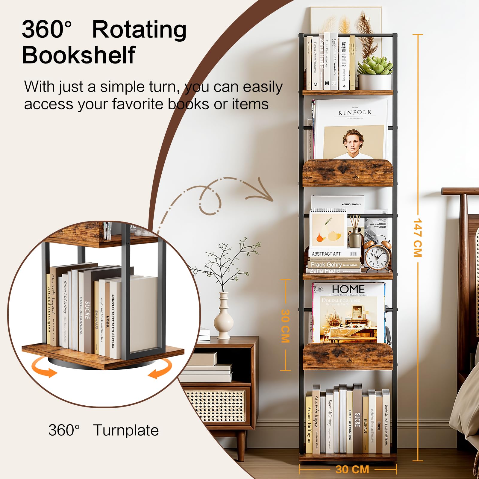 Bikoney 5-Tier Rotating Bookshelf, Tall Industrial Corner Book Tower