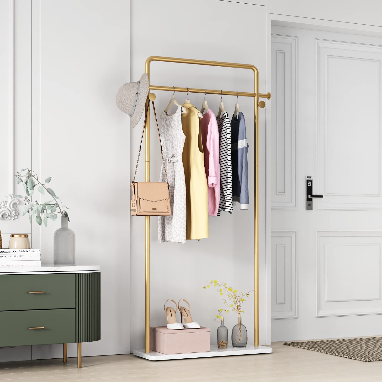 TIEOU Gold Clothes Rack With Shelf, Clothing Racks for Boutiques, Free-Standing Garment Rack for Hanging Clothes, Small Metal Coat Rack Heavy Duty