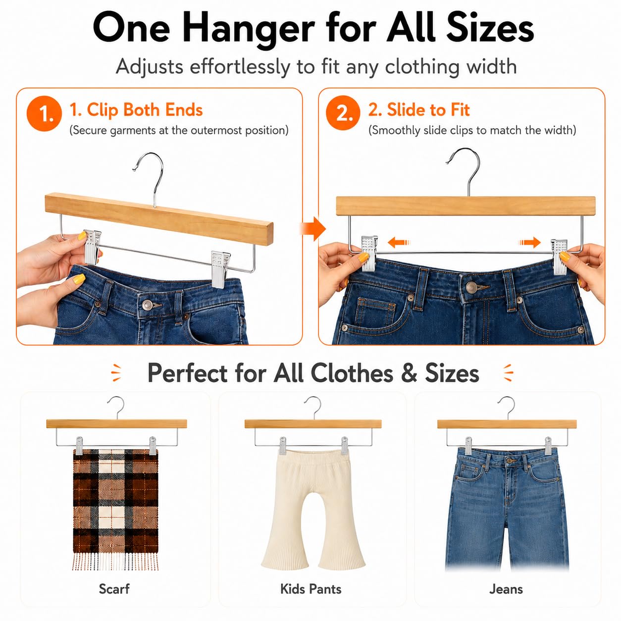 HOUSE DAY Premium Wooden Pants Hangers 15 Pack, Solid Lotus Wood Skirt Hangers with 2-Adjustable Clips