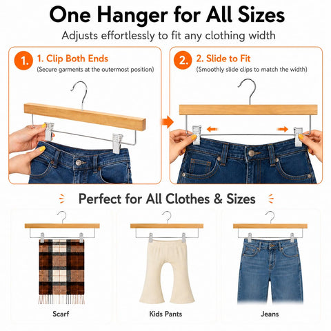 HOUSE DAY Premium Wooden Pants Hangers 15 Pack, Solid Lotus Wood Skirt Hangers with 2-Adjustable Clips