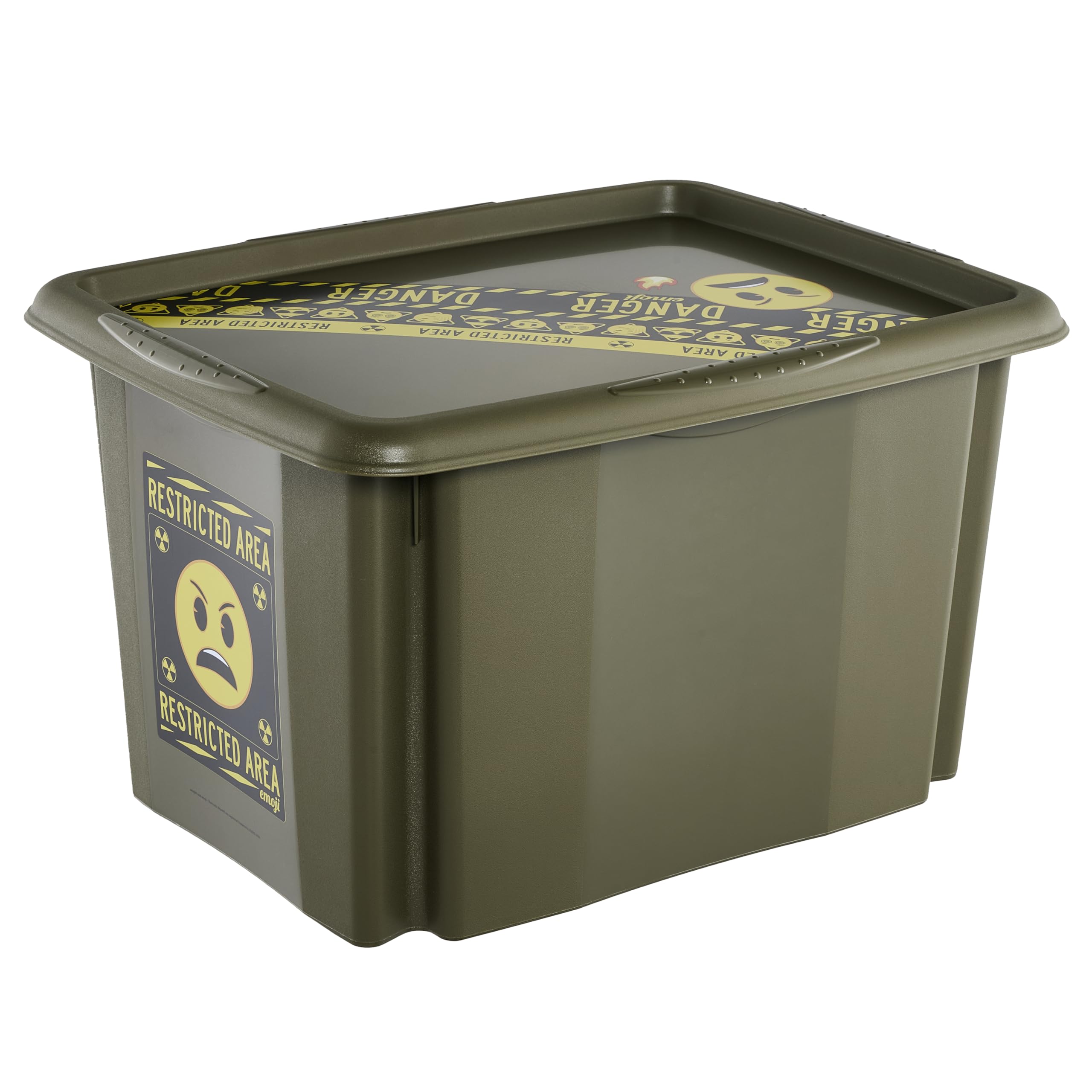 keeeper karolina storage box with lid, 30 l, stackable and nestable, Emoji Danger design, for children, olive green (olive)