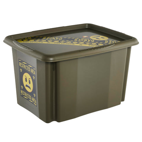 keeeper karolina storage box with lid, 30 l, stackable and nestable, Emoji Danger design, for children, olive green (olive)