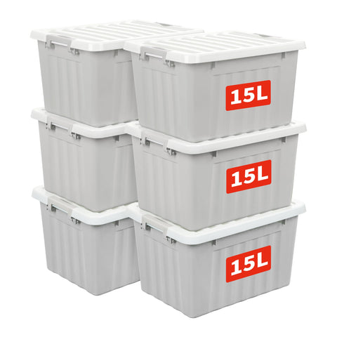 Cetomo 15L*6 Storage Boxes with Lids, Plastic Storage Box with Secure Side Latches, Stackable & Nestable Organizer for Home, Office, Moving, PP, Gray