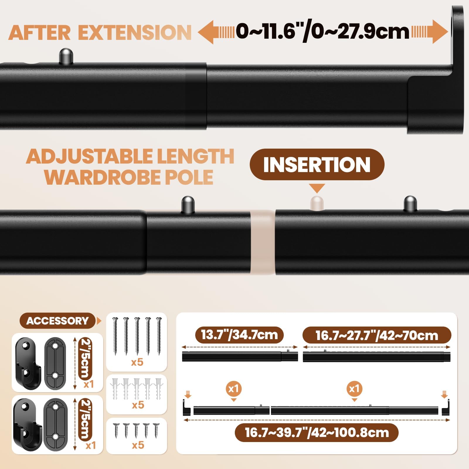 Wardrobe rail,28MM Extendable clothes rail 42 to 101 CM, Hanging Pole