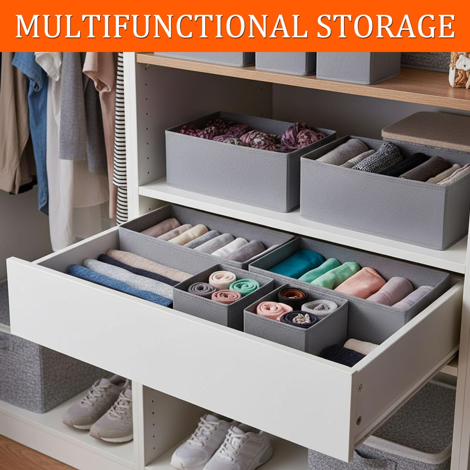 X-YSUNEAS Collapsible Fabric Storage Organizer Bins, 2 Size Foldable Closet Drawer Storage Boxes, 28×14×12cm & 14.5×14.5×12cm