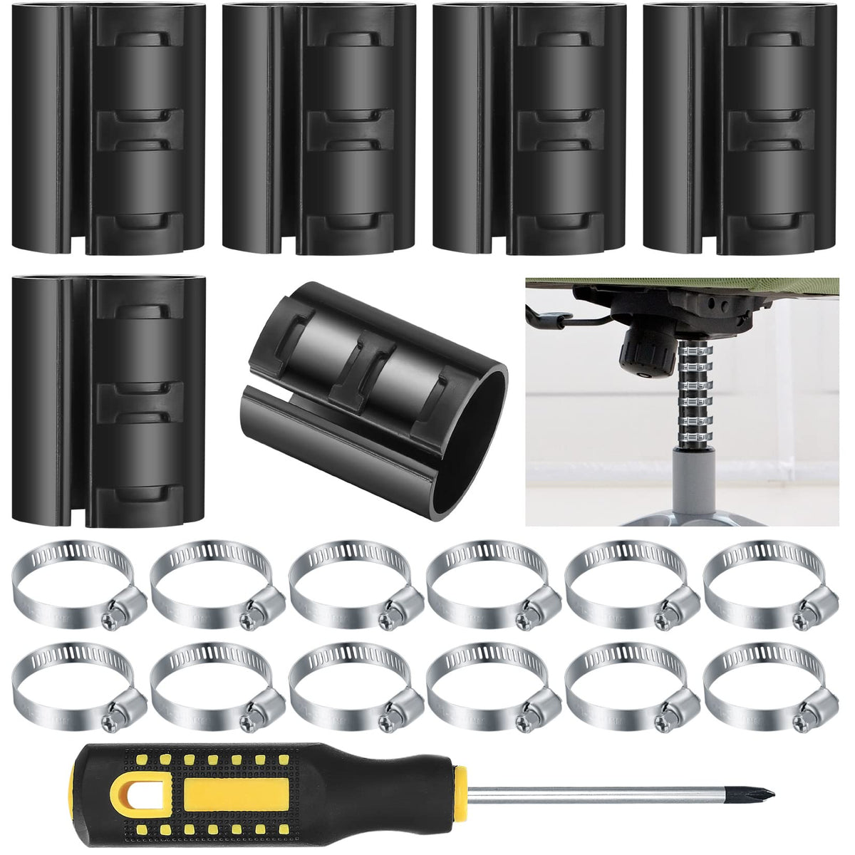 QOOSIKICC 19 Pcs Fixing a Sinking Office Chair Cylinder Alternatives Gas Lift Tools Kits, Office Chair Saver for Stop Sinking, with Hose Clamps