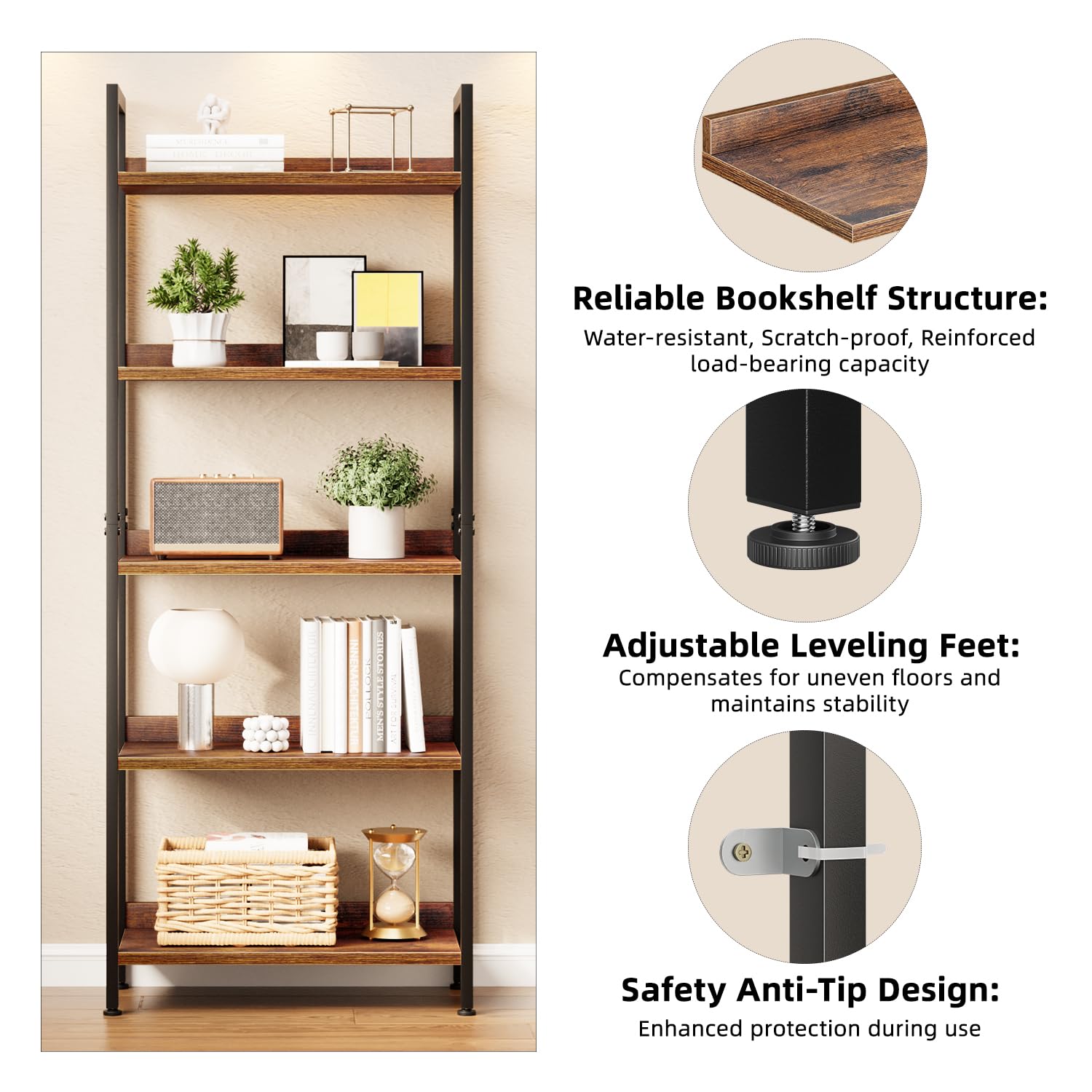 APPOLYN 5 Tier Bookshelf, Open-shelf Bookcase with Backboard, Rustic Brown