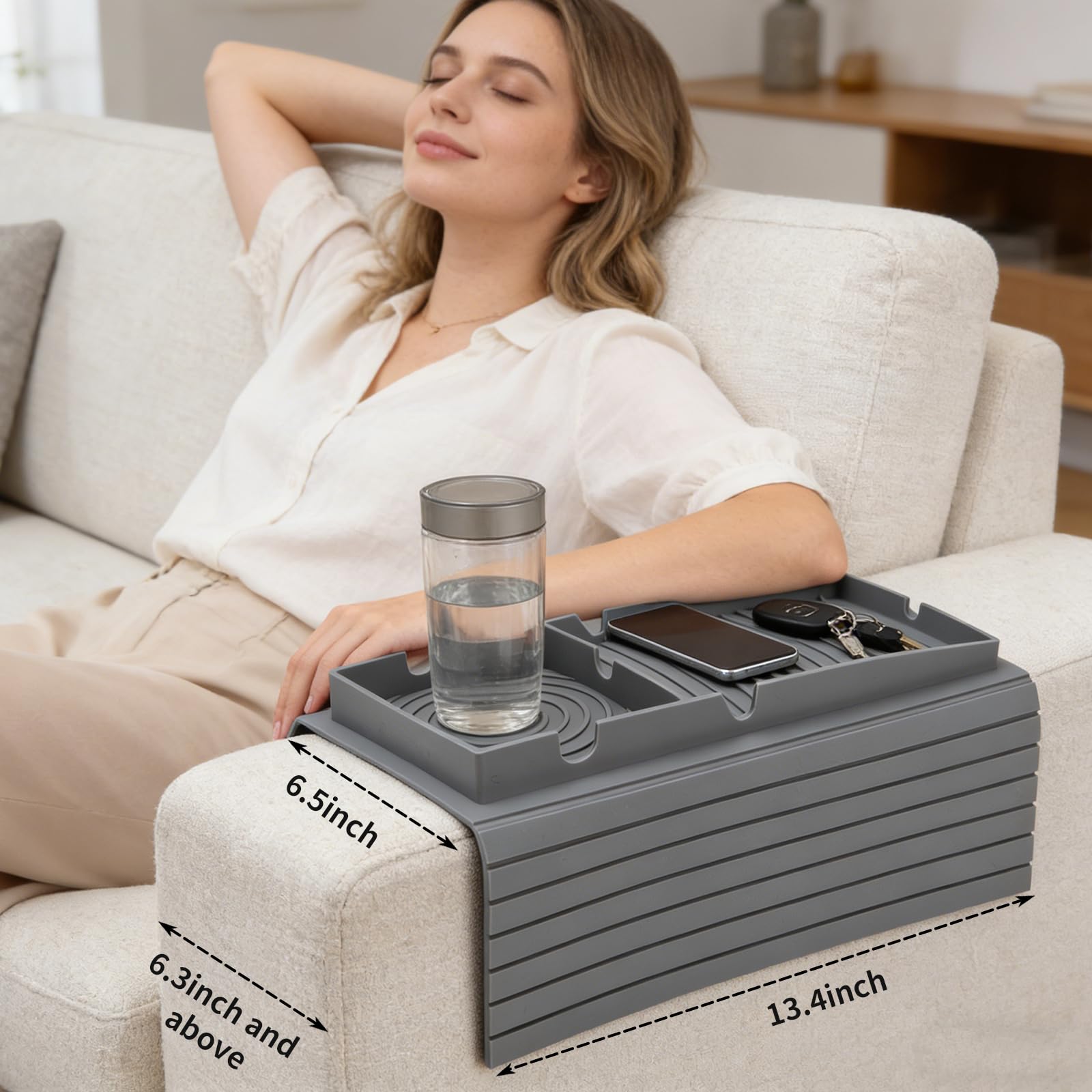 ANTREATU Silicone Sofa Arm Tray, Flexible Couch Arm Table with Cup Holder, Anti-Slip Couch Caddy for Drinks, Snacks, Phone, Remote Control - Grey
