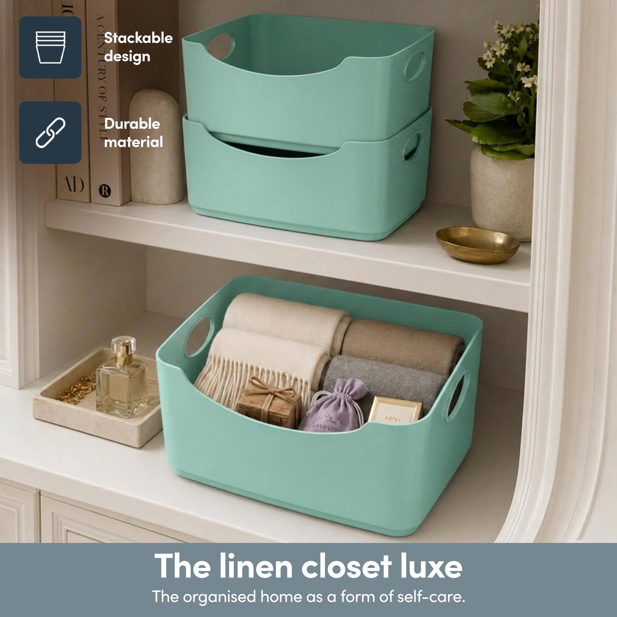 KEPLIN 6 Pack Plastic Storage Baskets with Handles, BPA-Free Dishwasher Safe Organiser Boxes for Kitchen, Bathroom, Pantry, Shelves & Drawers