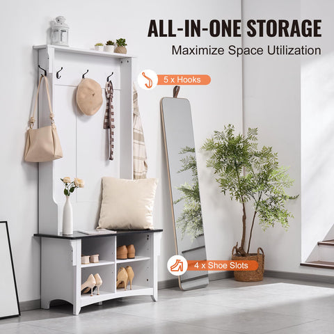 VEVOR Hall Tree with Storage, White, 16.5" W x 32.2" L x 67.7" H, Transitional Style, Wood Metal, 5 Hooks, 4 Drawers, Adjustable Shelves