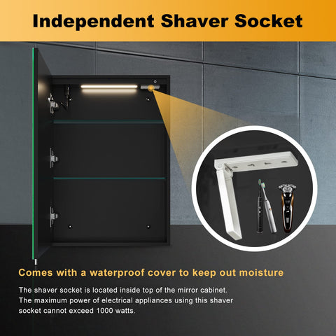ELEGANT Bathroom Mirror Cabinet with Shaver Socket and Led Lights, Black Single Door Mirrored Bathroom Wall Cabinets with Demister Pad Dimmer Switch