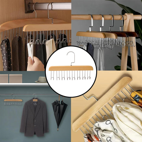 Belt Hanger With 8 Hooks, 360° Rotating Wooden Tie Rack