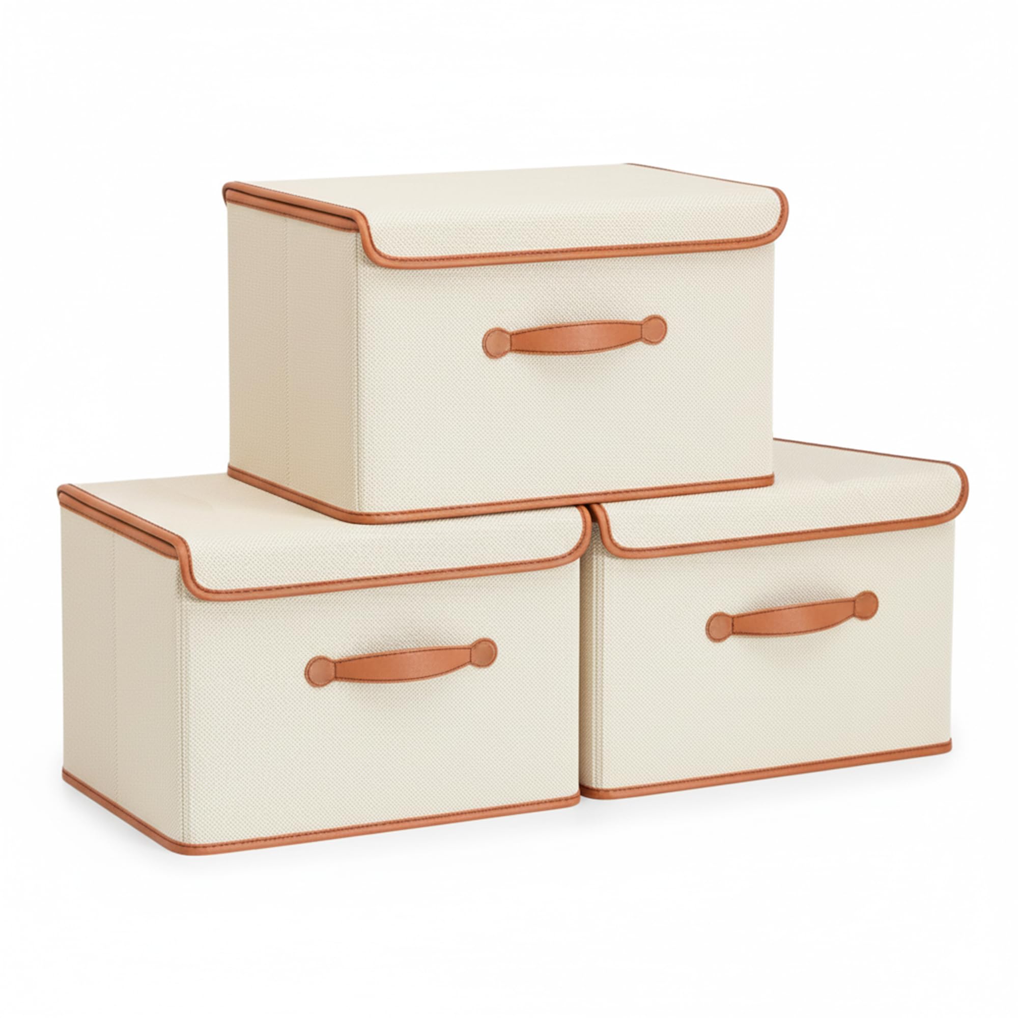 flaxarne Storage Box with Lid,Decorative Storage Boxes with Lids with PU Leather Handle,3-Pack Fabric Organiser Box for Closet Bedroom Office,37 * 25