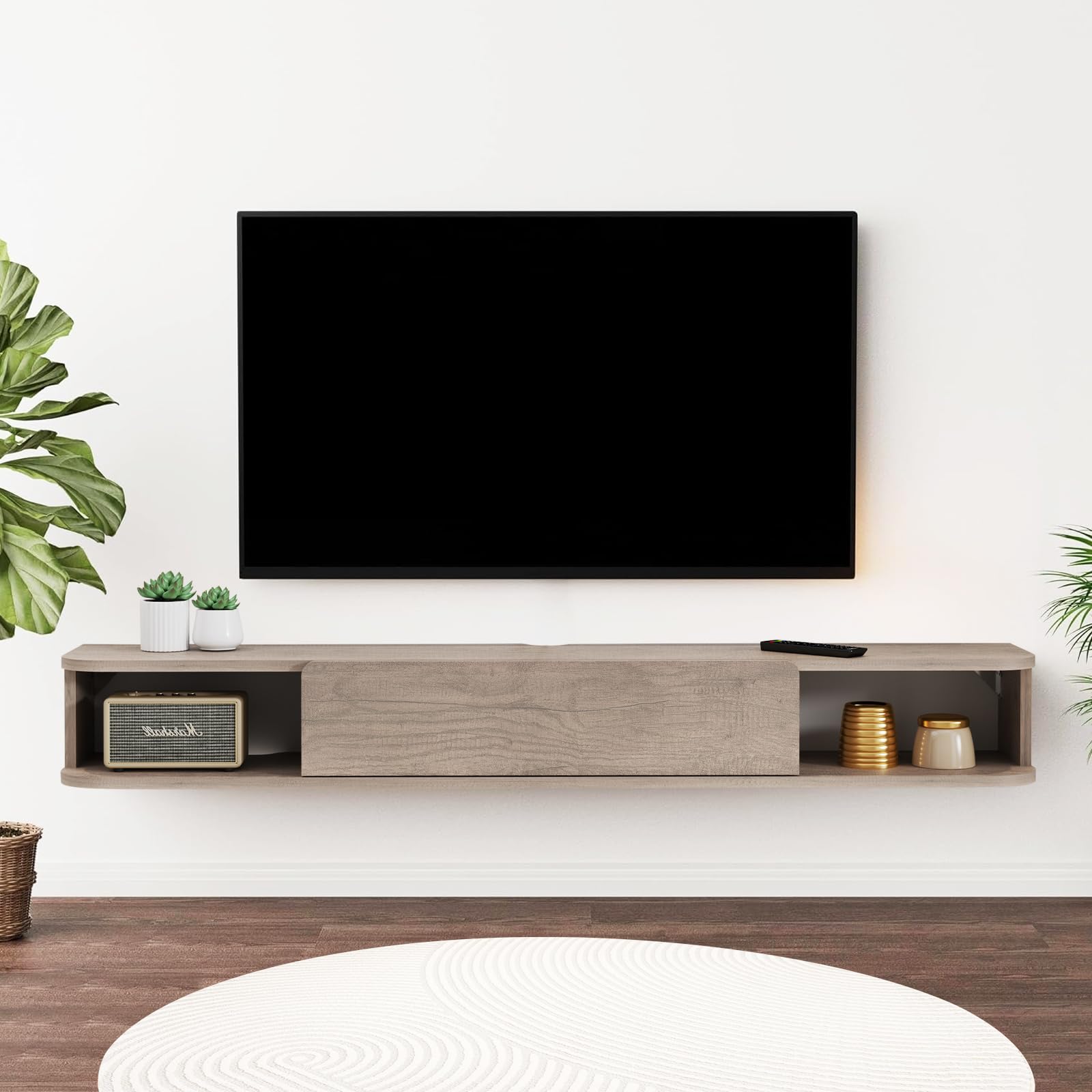 Pmnianhua Floating TV Shelf, Wall Mounted TV Cabinet, Floating Shelves with Door, Modern Entertainment Media Console Center Large Storage Under TV