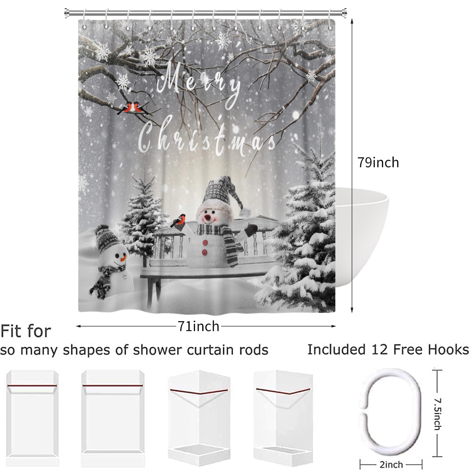 Hnmdmyi Christmas Shower Curtain 180x200, Winter Snowman Snowflake Xmas Tree Cardinal Bird Holiday Grey Bathroom Curtains with Hooks Waterproof