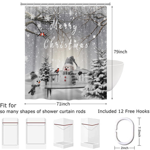 Hnmdmyi Christmas Shower Curtain 180x200, Winter Snowman Snowflake Xmas Tree Cardinal Bird Holiday Grey Bathroom Curtains with Hooks Waterproof